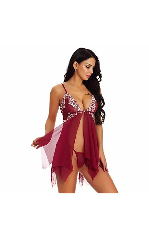 Womens Pajamas Bodysuit Bodysuit Sexy Split Ruffled Bodystockings Open Front Lace Trim Mesh V Neck Sleepwear Chemise